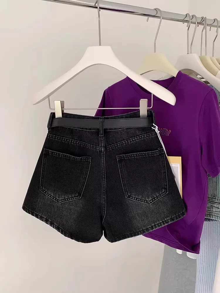 Quần short denim cổ điển của Mỹ dành cho nữ, cỡ lớn mùa hè, lưng cao, giảm béo, dáng quả lê, quần ống rộng chữ A