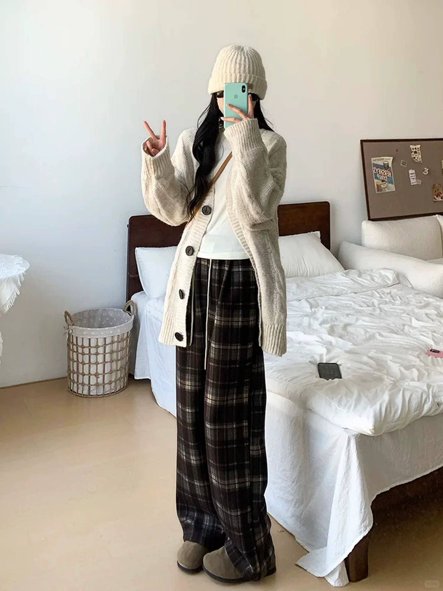 Quần ống rộng bằng len kẻ sọc màu cà phê Melard dành cho nữ, mùa thu đông, cỡ lớn, lót lông cừu, cạp cao, quần dài dáng suông.