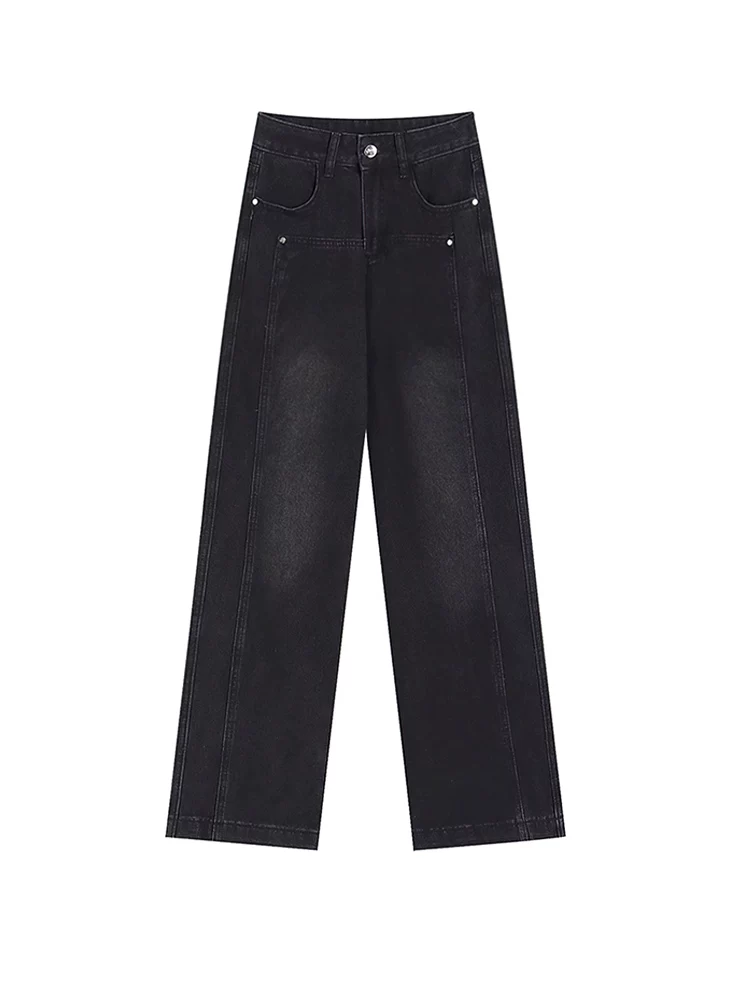 Quần jean ống đứng màu đen và xám dành cho nữ, mùa đông, cỡ lớn, lót lông cừu, dày dặn, cạp cao, rộng rãi, che hông, giảm béo, quần ống rộng.