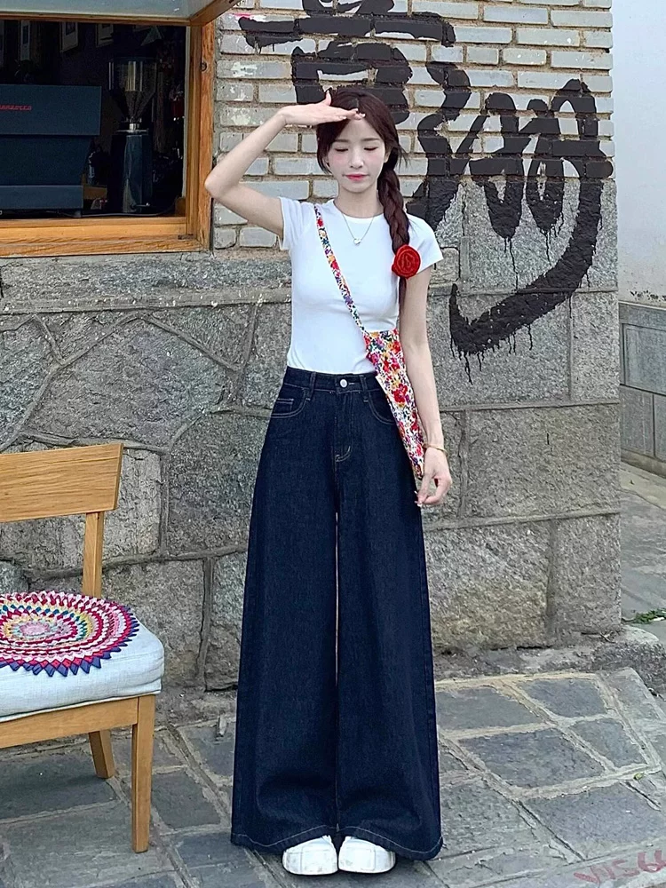 Quần jean ống rộng màu xanh đậm dành cho nữ, kiểu dáng mùa thu mới, cỡ lớn, lưng cao, dáng rộng, mềm mại, tôn dáng, ống thẳng, quần dài chạm sàn.