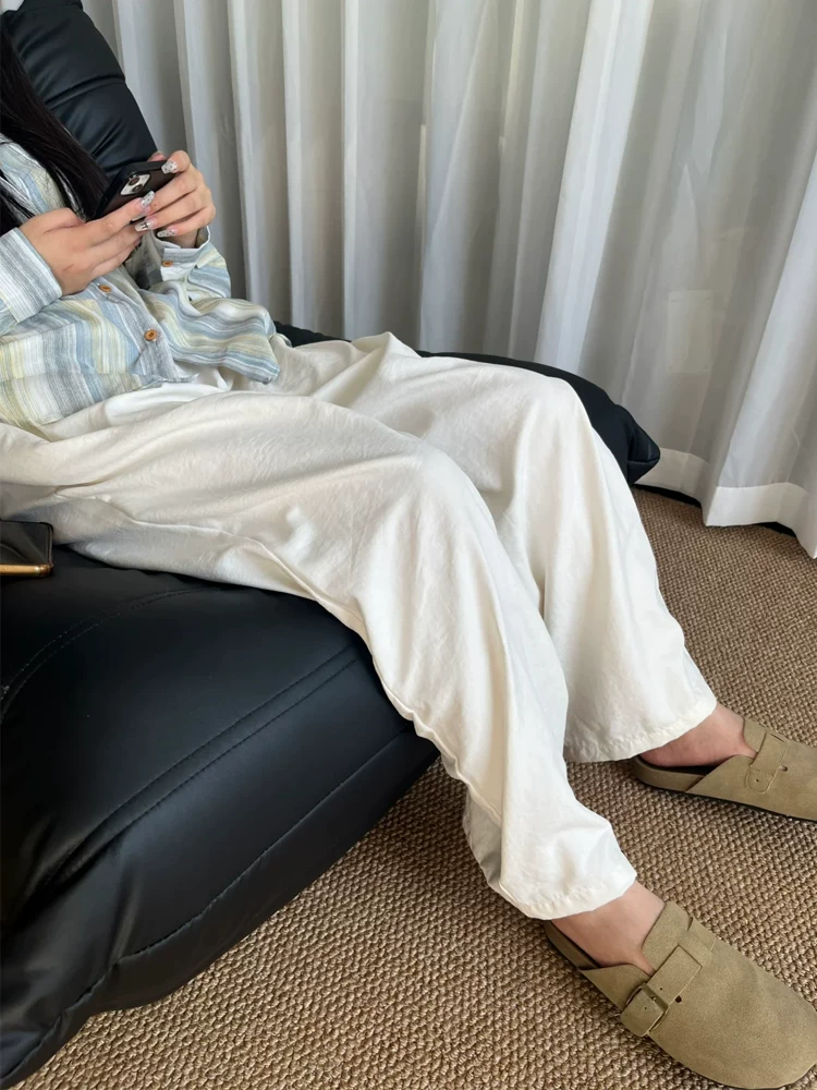 Quần vải acetate chất liệu sữa dành cho nữ mùa hè 2025, size lớn, cạp cao, dáng rộng, suôn mềm, tôn dáng, quần ống rộng mặc thường ngày