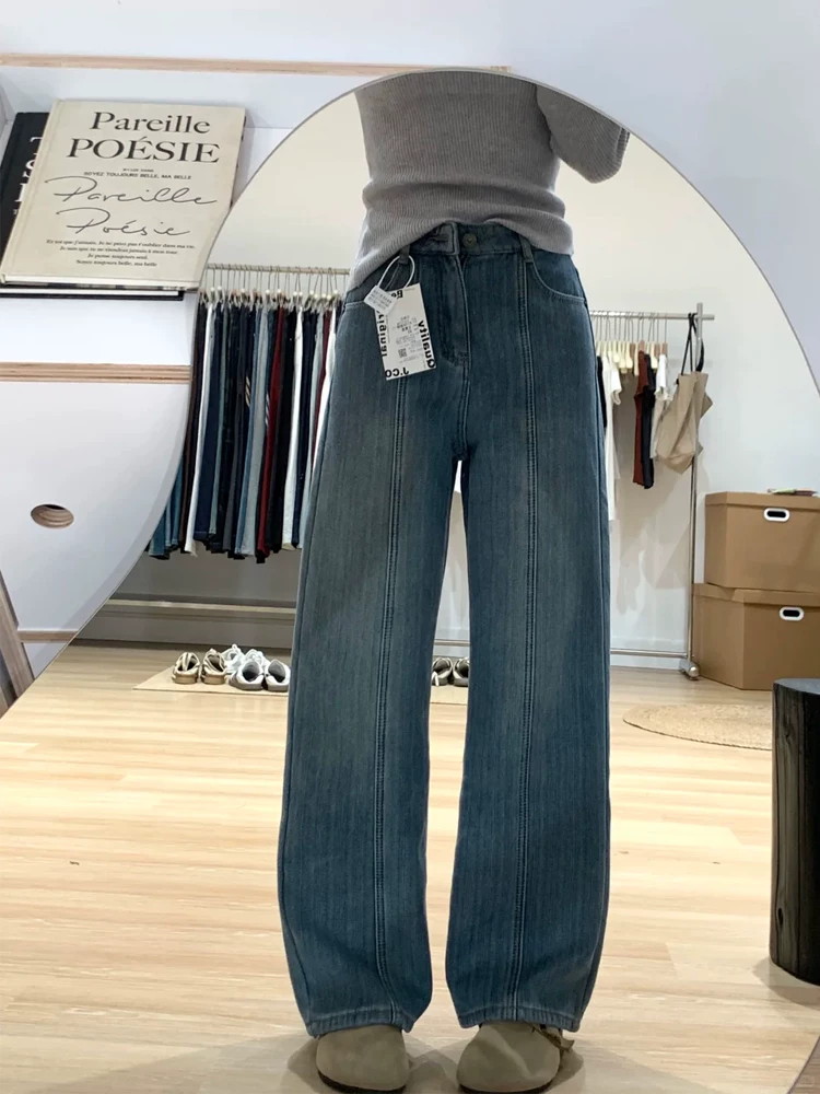 Quần jean ống rộng có họa tiết dày dặn lót lông cừu dành cho nữ, mùa thu đông, cỡ lớn, lưng cao, dáng rộng, dáng thon gọn, ống thẳng, quần dài đến sàn