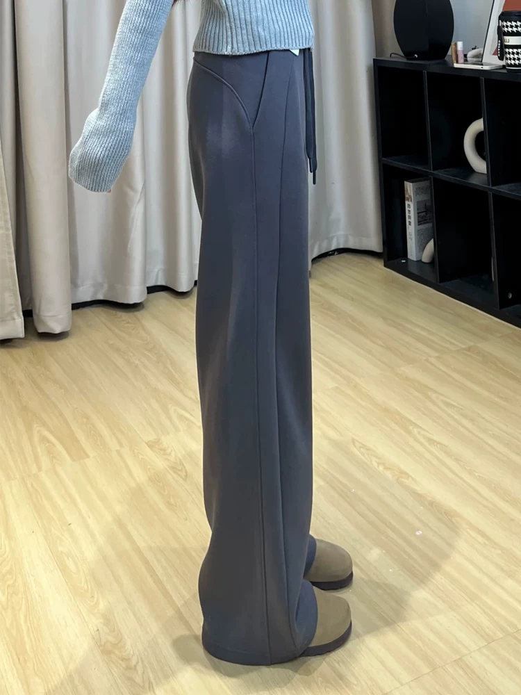 Quần thể thao màu xám đậm dành cho nữ, mùa xuân, cỡ lớn, cạp cao, che hông, giảm béo, dáng quả lê, quần thể thao ống rộng.