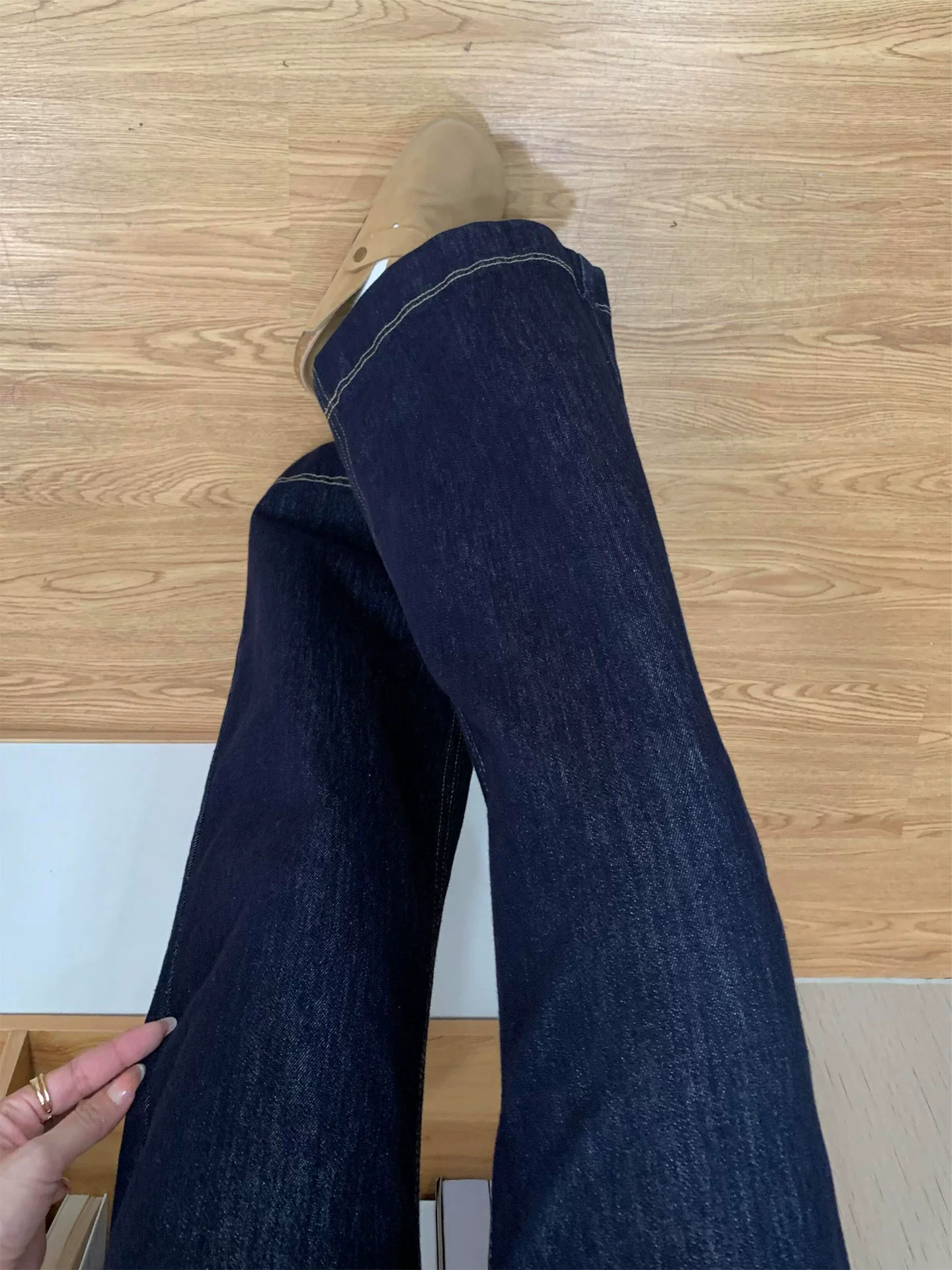 Quần jean xanh denim lưng cao dáng loe dành cho nữ, mùa thu, size lớn, co giãn, che hông, tôn dáng, dành cho người có thân hình quả lê, quần ống chuông