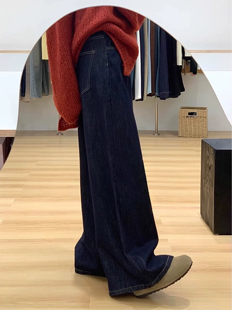 Quần jean ống rộng màu xanh đậm dành cho nữ, kiểu dáng mùa xuân mới, cỡ lớn, lưng cao, tôn dáng, giản dị, rộng rãi, mềm mại, quần dài chạm sàn.