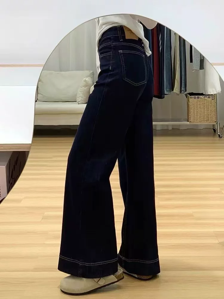 Quần jean ống loe lót lông màu xanh đậm dành cho nữ, mùa thu đông, cỡ lớn, lưng cao, co giãn, che hông, giảm béo, quần ống loe.