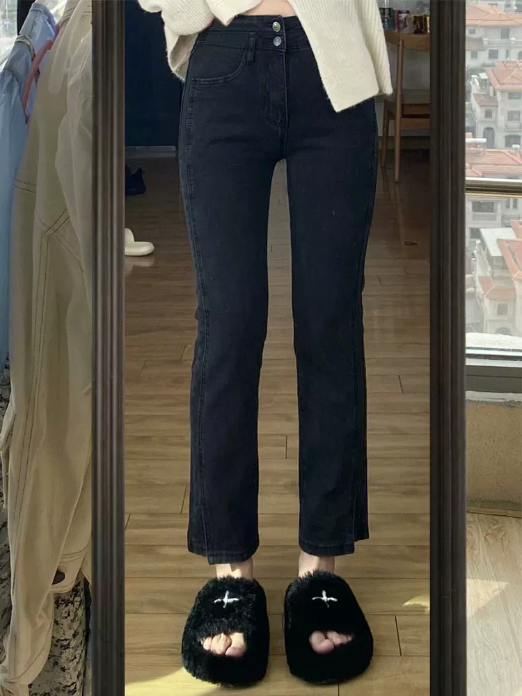 Quần jean ống đứng dáng quả lê dành cho nữ, phong cách mới đầu thu, cỡ lớn, lưng cao, giảm béo, che hông, quần thuốc lá ống lửng