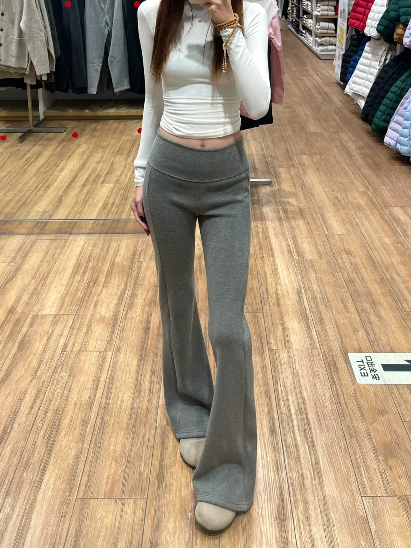 Quần âu xòe màu xám dành cho nữ, mùa thu đông, lót lông cừu, dày, cỡ lớn, cạp cao, dáng suôn, tôn dáng, quần tập yoga ôm sát