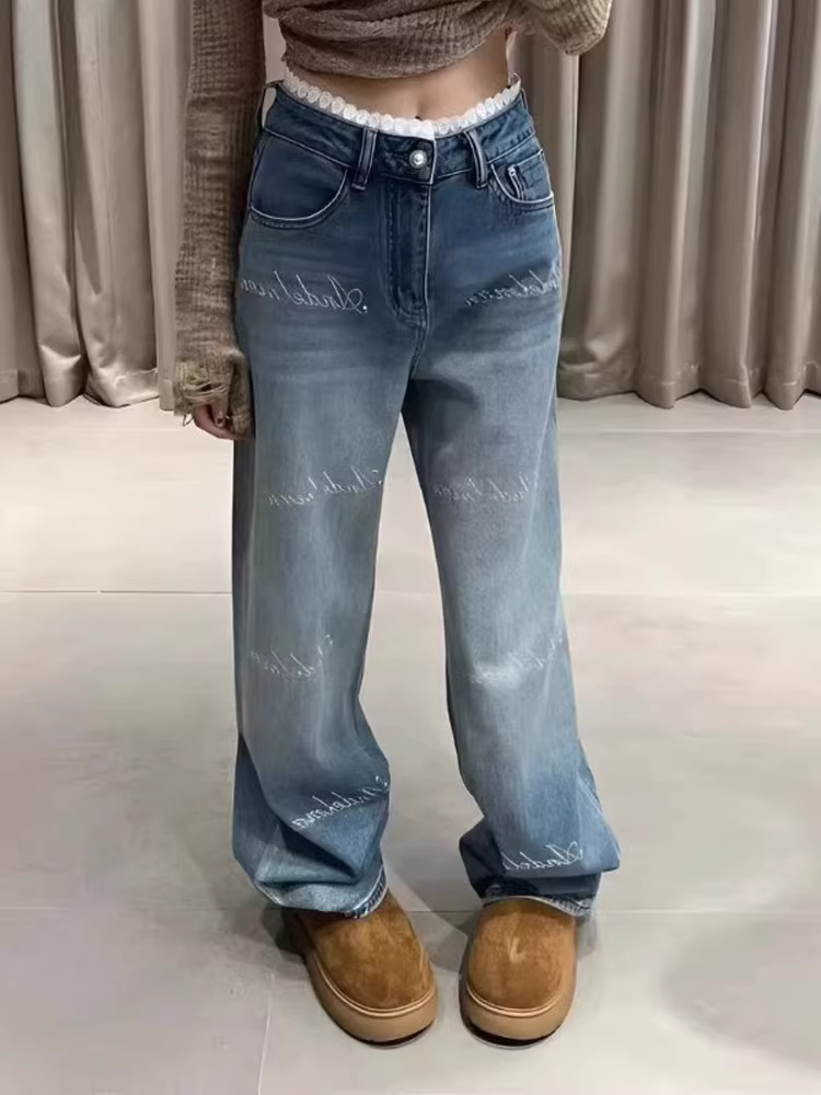 Quần jean ống đứng thêu chắp vá dành cho nữ, kiểu dáng mùa xuân mới, size lớn, cạp cao, che hông, quần ống rộng tôn dáng.