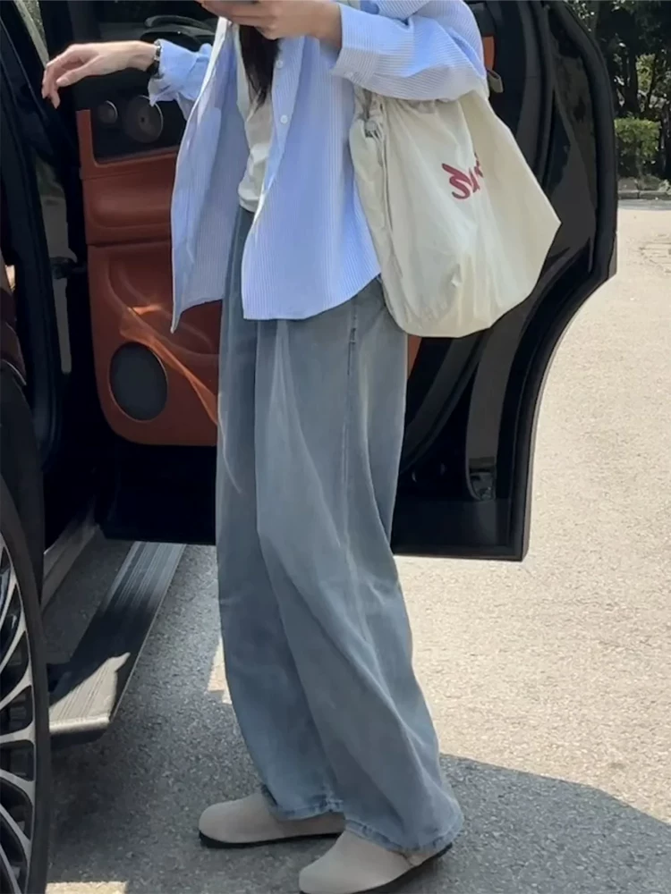 Quần jean ống đứng Tencel dành cho nữ, cỡ lớn mùa hè, lưng cao, dáng rộng, thon gọn, dáng quả lê, quần ống rộng bằng vải lụa băng