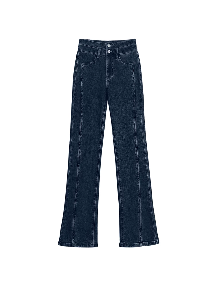 Quần jean dáng chữ lê, xẻ tà hơi rộng dành cho nữ, cỡ lớn, đầu thu, lưng cao, co giãn, che hông, giảm béo, quần ống thẳng