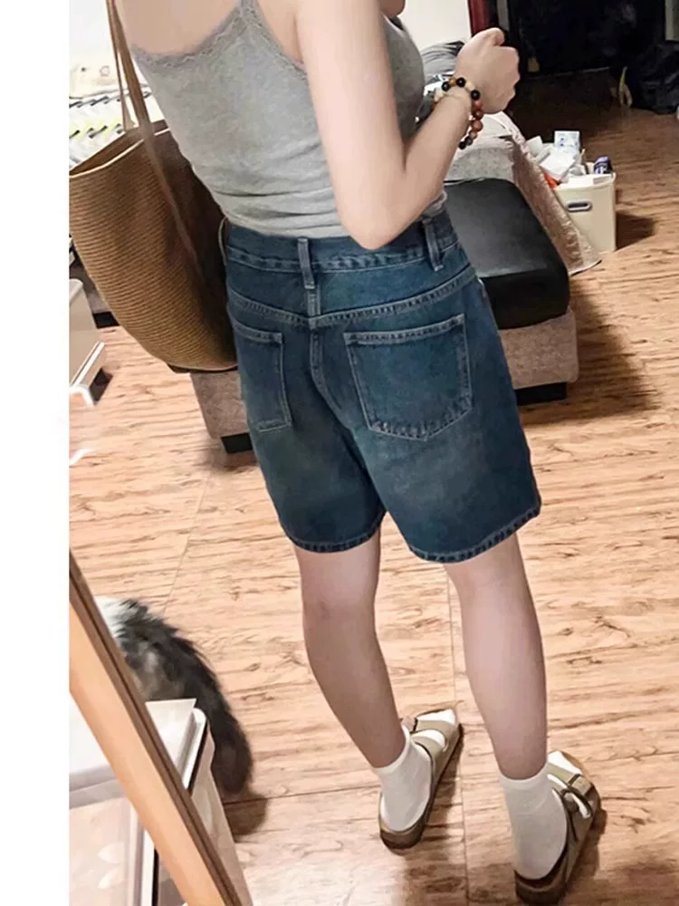 Quần short denim ống rộng kiểu dáng cổ điển hình quả lê dành cho nữ, cỡ lớn mùa hè, cạp cao, dáng rộng, dáng suông, quần short dài vừa phải, dáng thẳng.