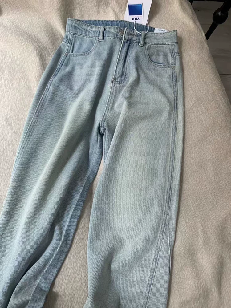 Quần jean lụa băng màu xanh nhạt hình quả lê dành cho nữ, kiểu dáng mỏng mùa hè, cỡ lớn, lưng cao, dáng rộng, quần ống rộng giảm béo