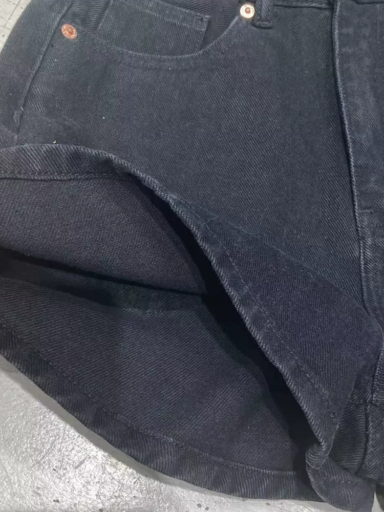 Quần short denim lưng cao màu đen dành cho nữ, dáng quả lê mùa hè, cỡ lớn, lưng cao, che hông, co giãn, quần chữ A tôn dáng