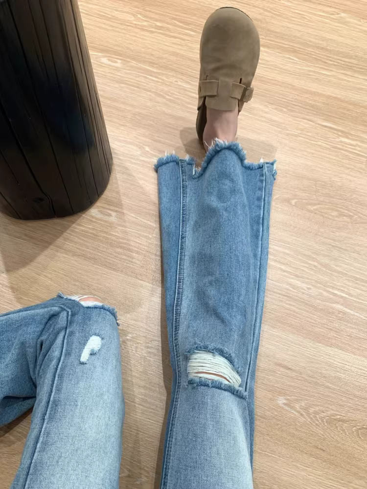 Quần jean xé rách dáng loe cho nữ, kiểu mới mùa hè, size lớn, lưng cao, tôn dáng, dành cho người có thân hình quả lê, viền rách, quần ống loe