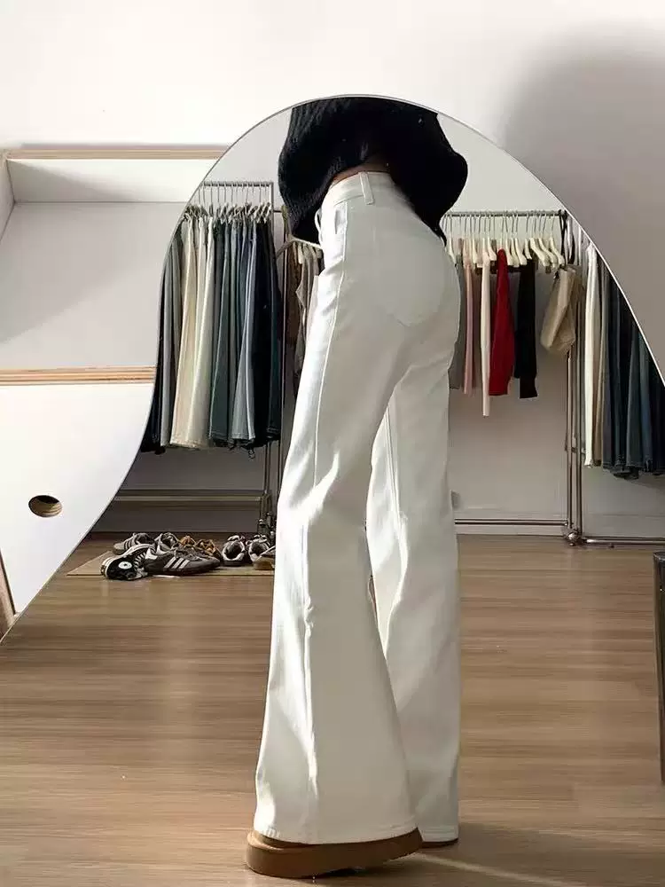 Quần jean trắng loe dành cho nữ, mùa đông, cỡ lớn, lót lông cừu, dày dặn, cạp cao, co giãn, che hông, tôn dáng, kiểu dáng bootcut.