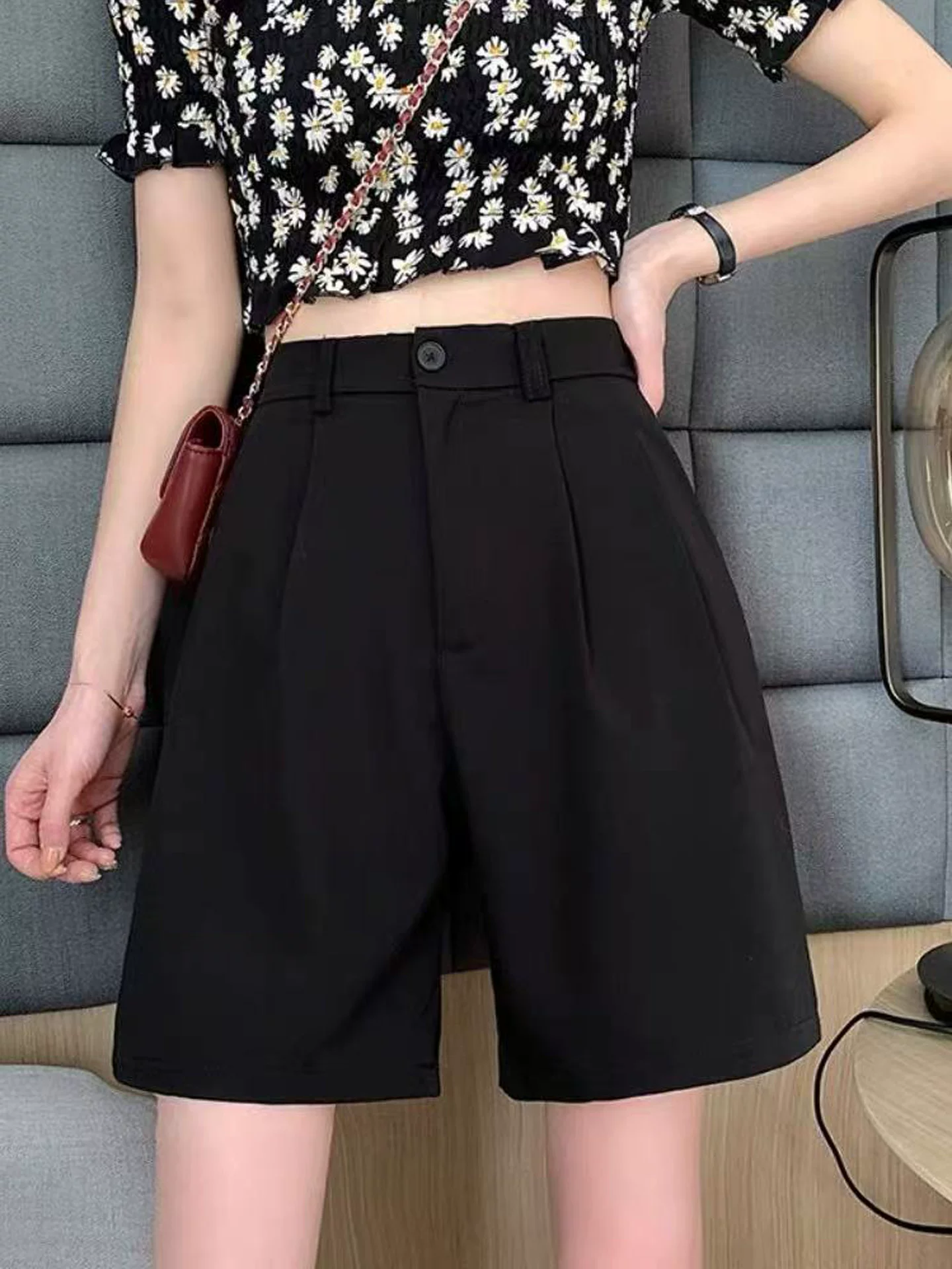 Quần short mùa hè dành cho nữ, cỡ lớn, cạp cao, che hông, giảm béo, dáng quả lê, ống rộng thẳng, quần dài vừa phải