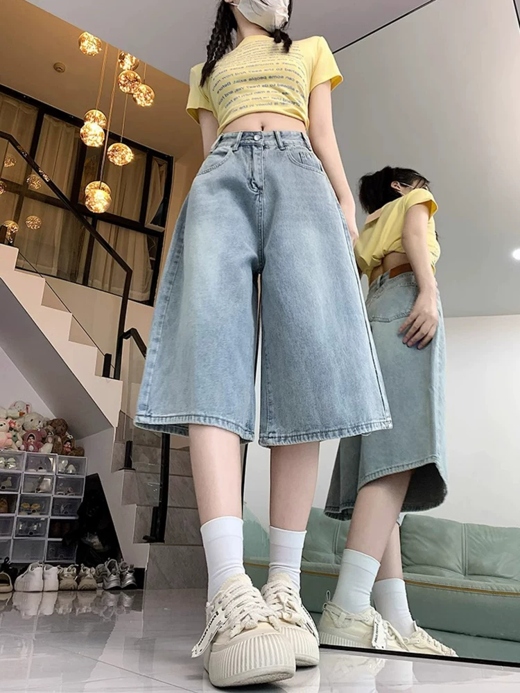 Quần short denim ống rộng, màu sáng, kiểu retro dành cho nữ, mùa hè 2025, size lớn, cạp cao, dáng rộng, tôn dáng, quần ống thẳng.
