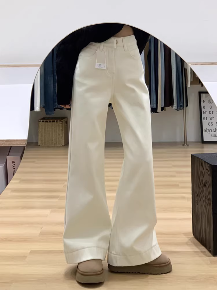 Quần jean loe màu mơ dành cho nữ, xuân 2025, size lớn, cạp cao, dáng rộng, mềm mại, tôn dáng, co giãn, kiểu chuông.