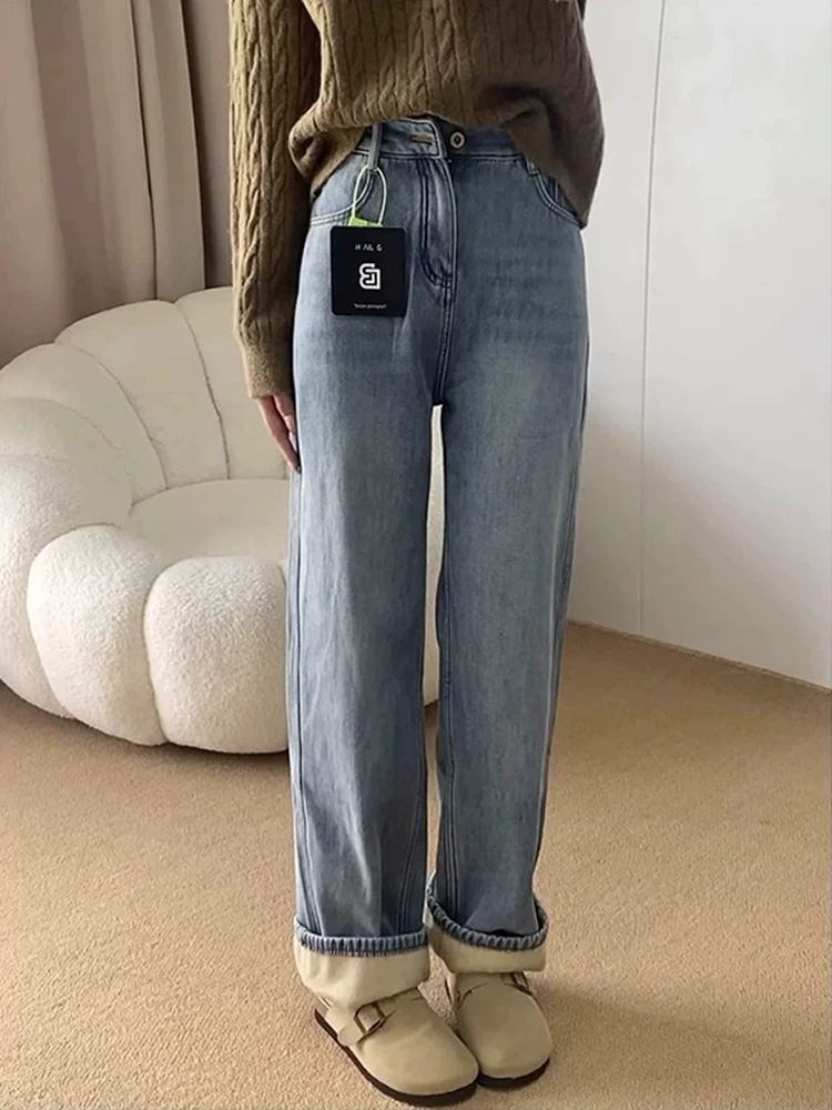 Quần jean ống đứng màu xanh nhạt dành cho nữ, mùa thu đông, cỡ lớn, lót lông cừu, dày dặn, lưng cao, dáng rộng, dáng suông, quần ống rộng hẹp.