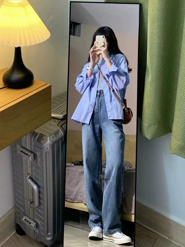 Quần jean dáng lê dành cho nữ, phong cách thu đông, lót lông cừu, cỡ lớn, lưng cao, dáng rộng, tôn dáng, ống thẳng, quần dài ống rộng.