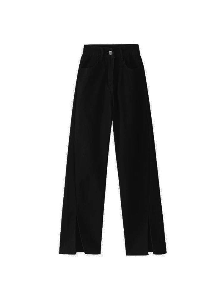 Quần jean co giãn đa năng màu đen hình quả lê dành cho nữ phong cách đầu thu cỡ lớn quần ống rộng thẳng có đường xẻ eo cao giúp giảm béo