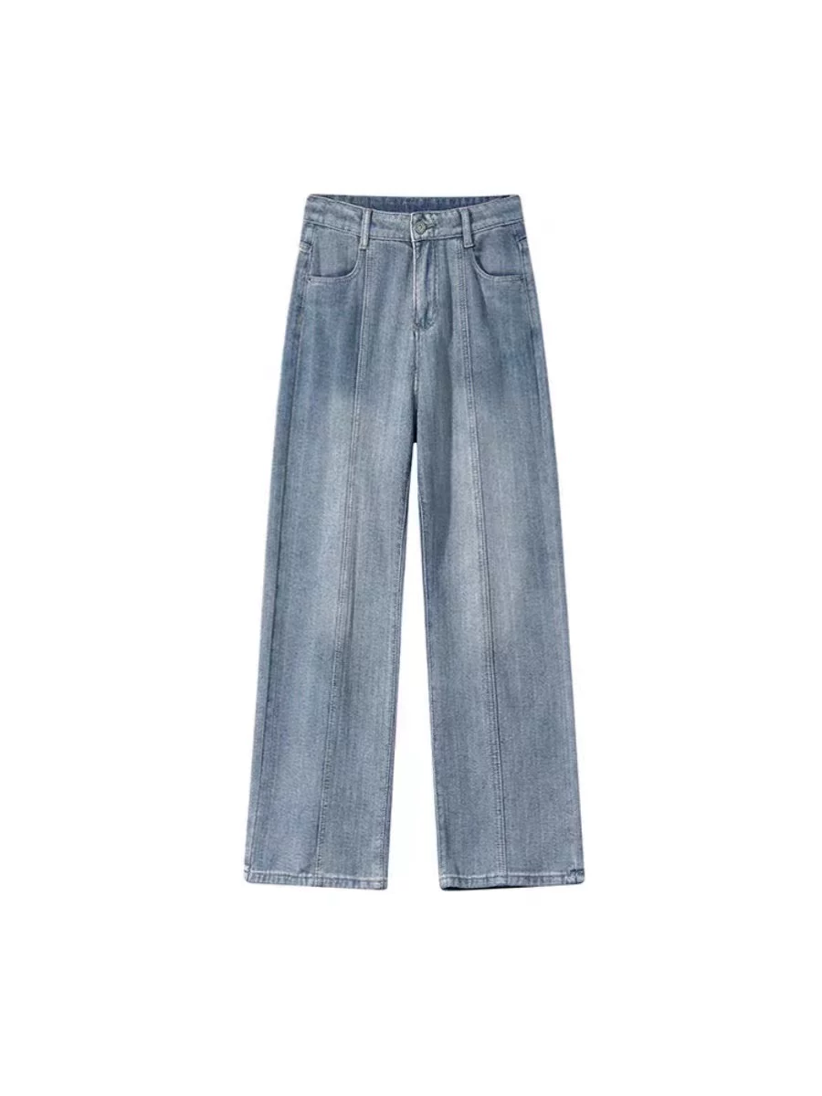 Quần jean ống đứng cổ điển dành cho nữ, cỡ lớn, thiết kế đầu thu, lưng cao, dáng rộng, che hông, giảm béo, quần ống rộng