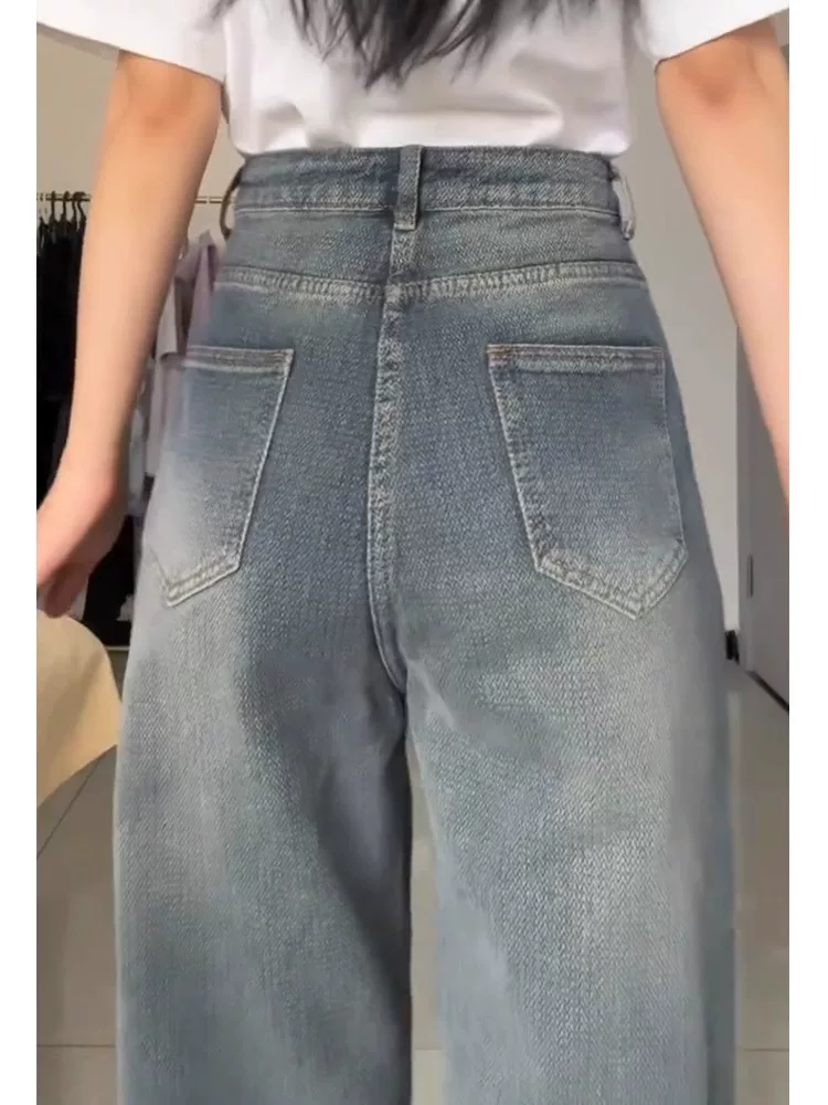 Quần jeans ống đứng kiểu vintage dành cho nữ dáng quả lê, thu đông 2024, size lớn, cạp cao, che hông, quần ống rộng tôn dáng