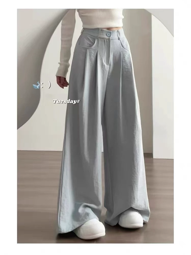 Quần tây màu sữa xám cho nữ, cỡ lớn mùa hè, lưng cao, dáng rộng, mềm mại, tôn dáng, dáng quả lê, quần ống rộng