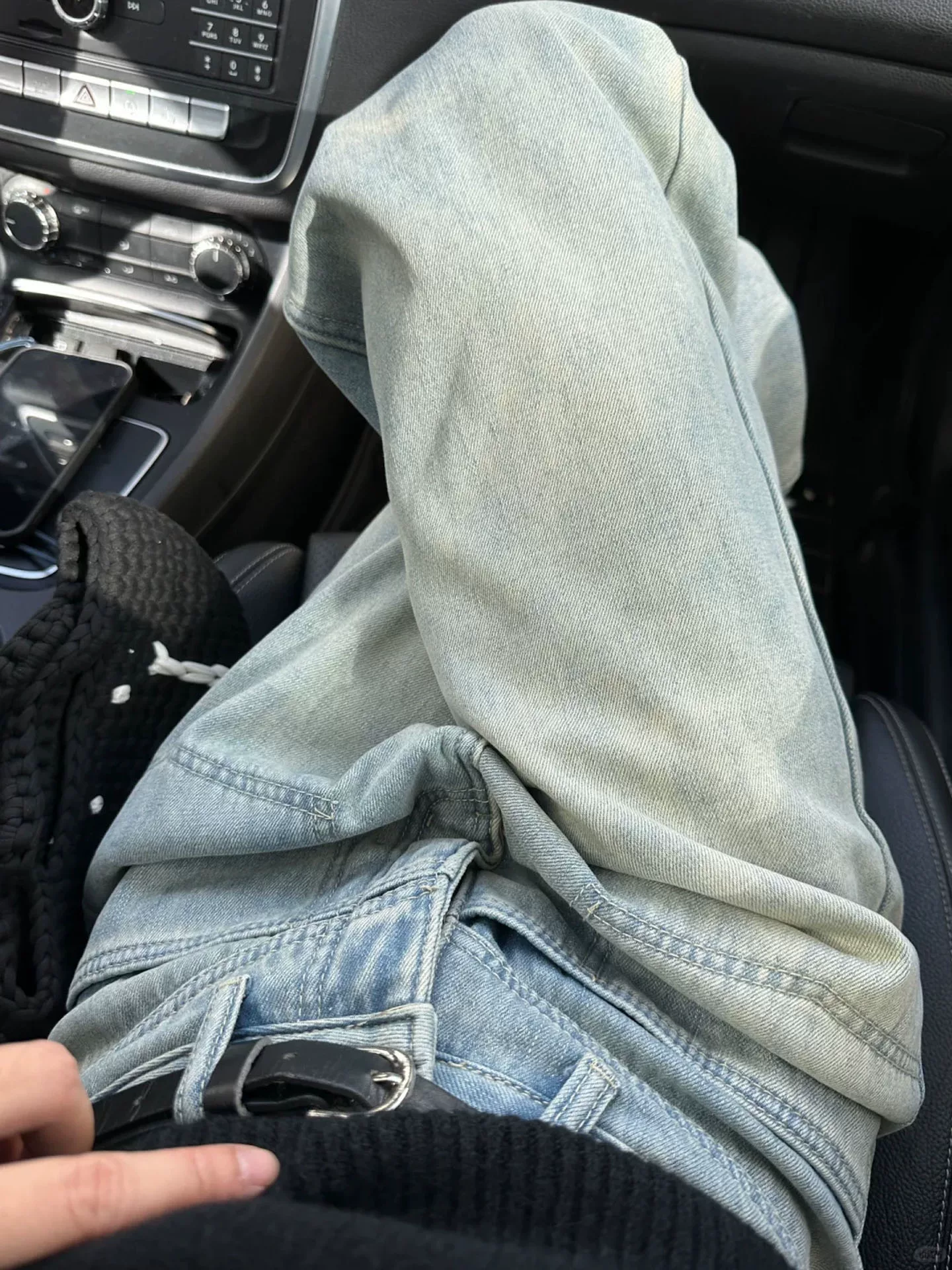 Quần jean ống thẳng lót lông cừu màu xanh nhạt dành cho nữ, mùa thu đông, cỡ lớn, lưng cao, dáng rộng, che hông, giảm béo, quần ống rộng dày.