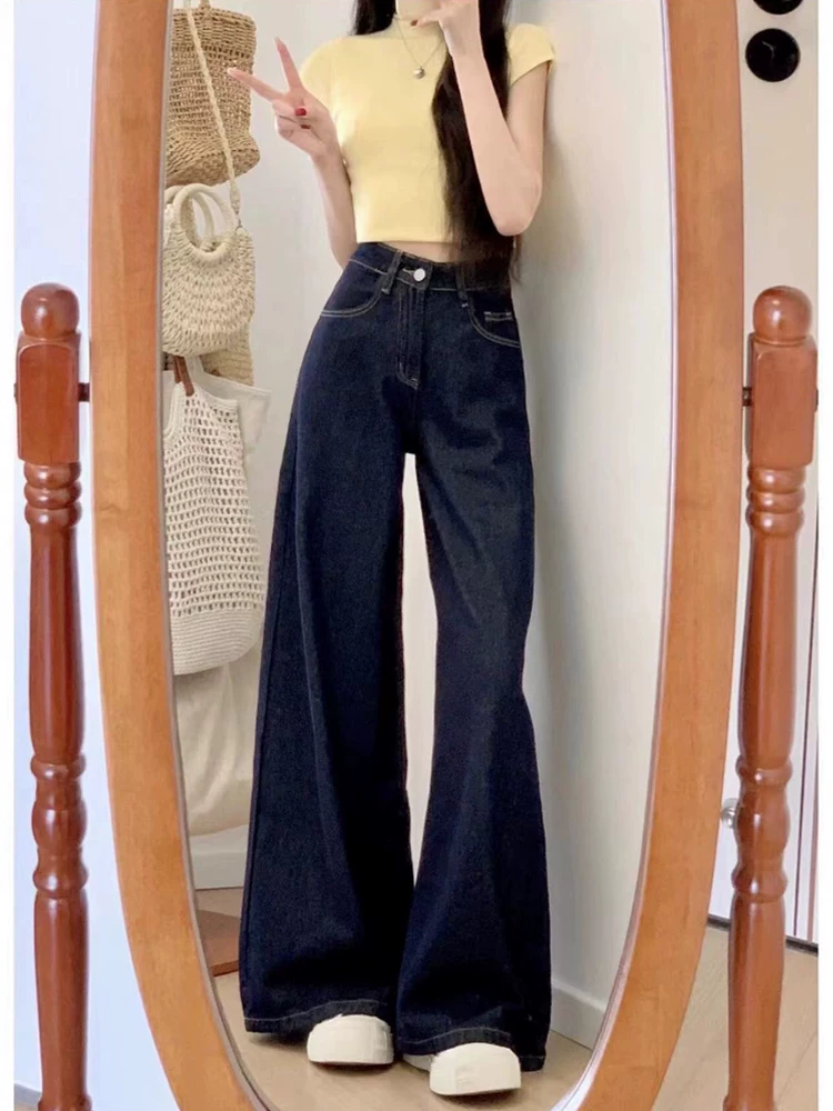 Quần jean ống thẳng dáng quả lê dành cho nữ, kiểu dáng mới mùa xuân, cỡ lớn, lưng cao, dáng rộng, màu xanh đậm, ống rộng, quần dài chạm sàn