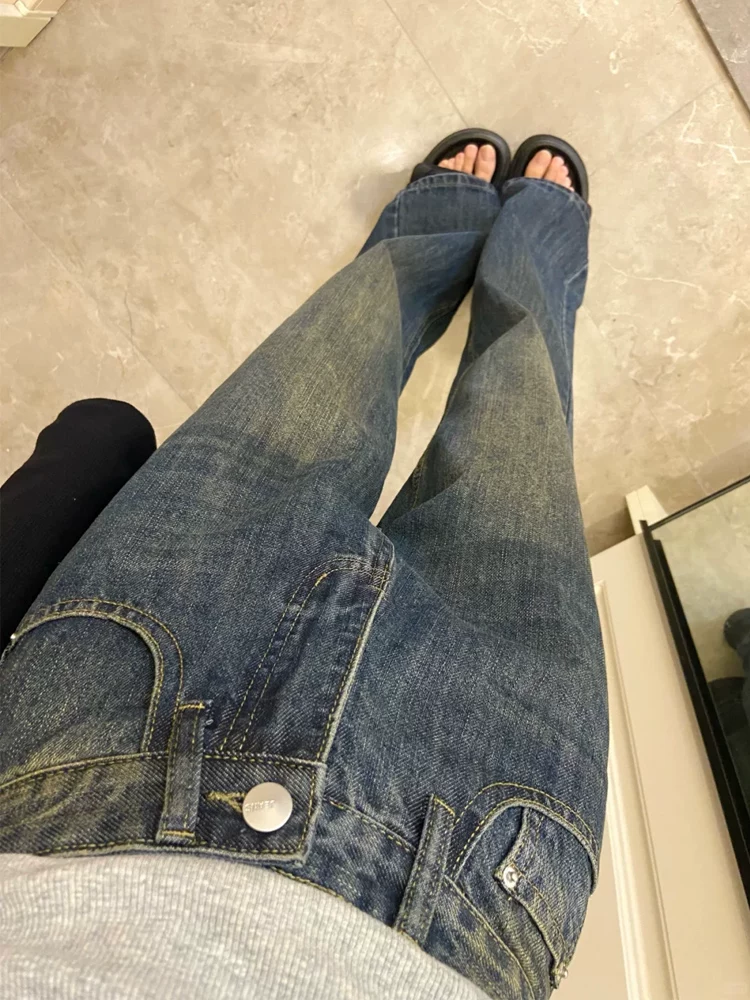 Quần jean xòe lót lông màu xanh cổ điển dành cho nữ, cỡ lớn mùa đông, cạp cao, dáng rộng, che hông, quần ống rộng giúp thon gọn