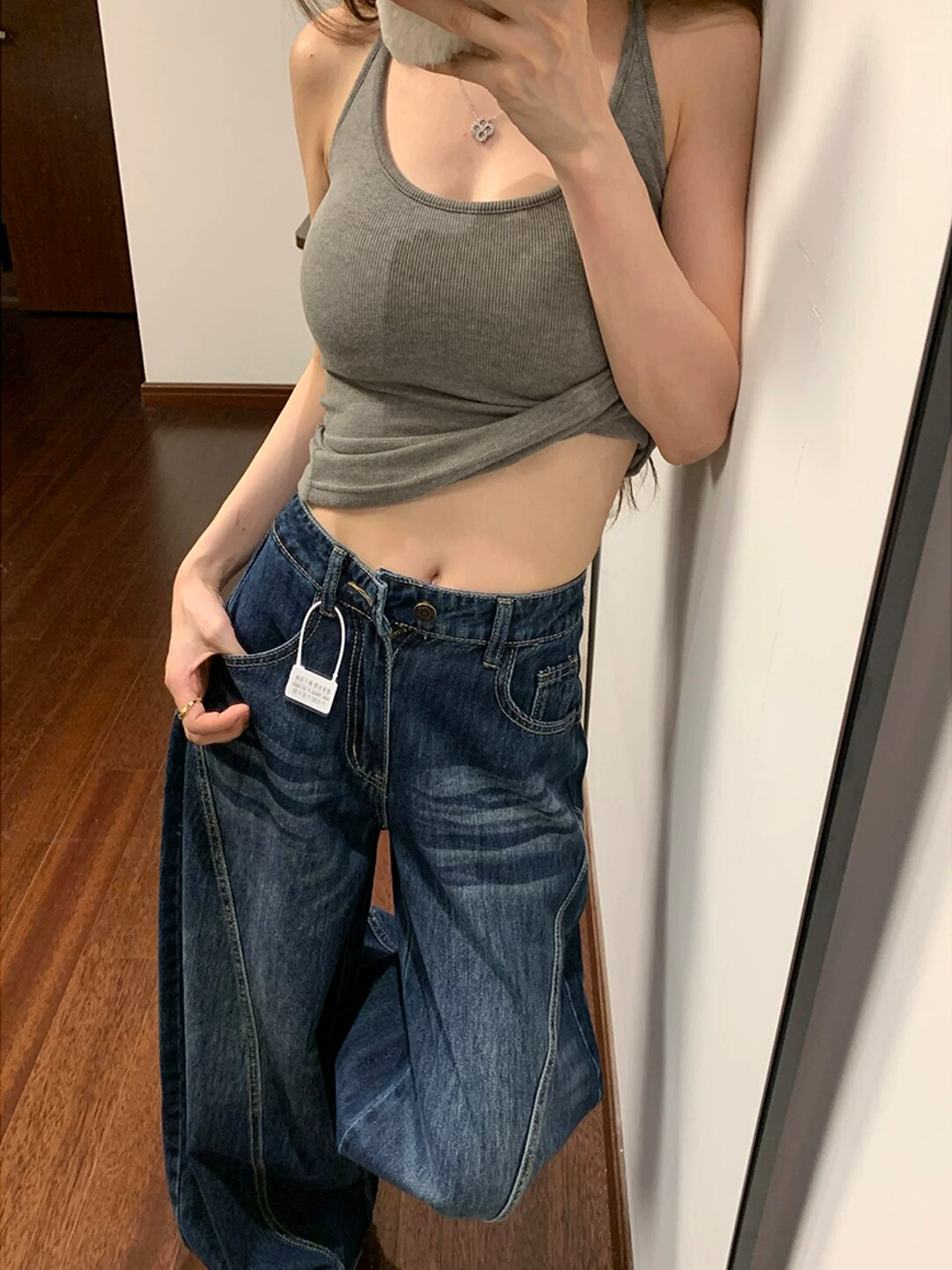 Quần jean kiểu cổ điển Mỹ dành cho nữ, phong cách đầu thu, cỡ lớn, lưng cao, dáng rộng, thon gọn, ống rộng, quần dài đến sàn