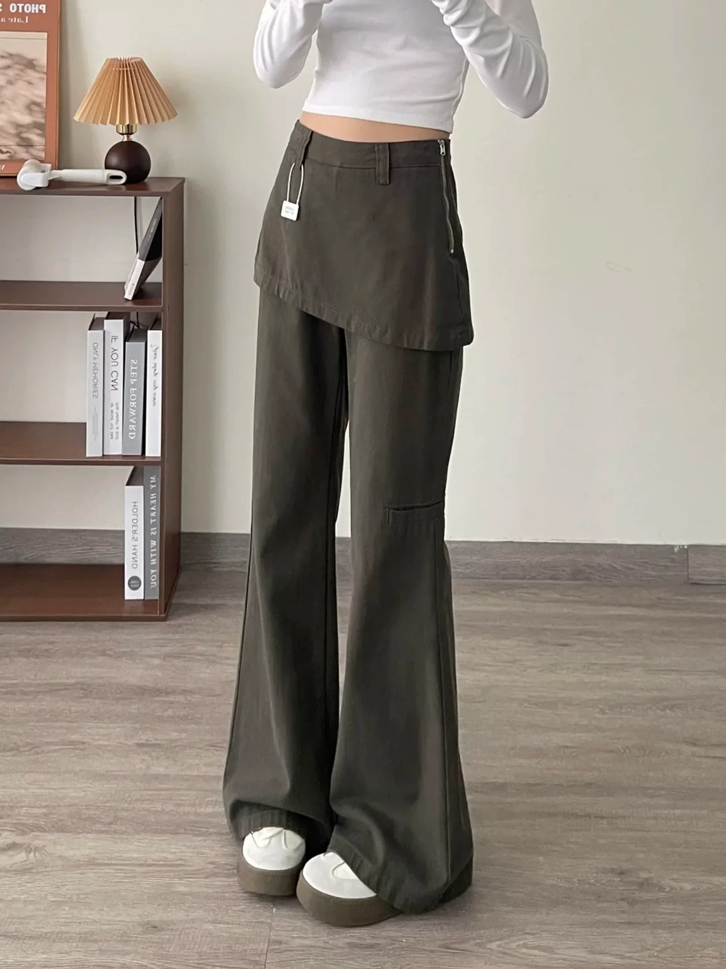 Quần jean giả hai mảnh kiểu Mỹ dành cho nữ, mùa thu, cỡ lớn, lưng cao, che hông, giảm béo, không bó sát, quần ống rộng kiểu công sở