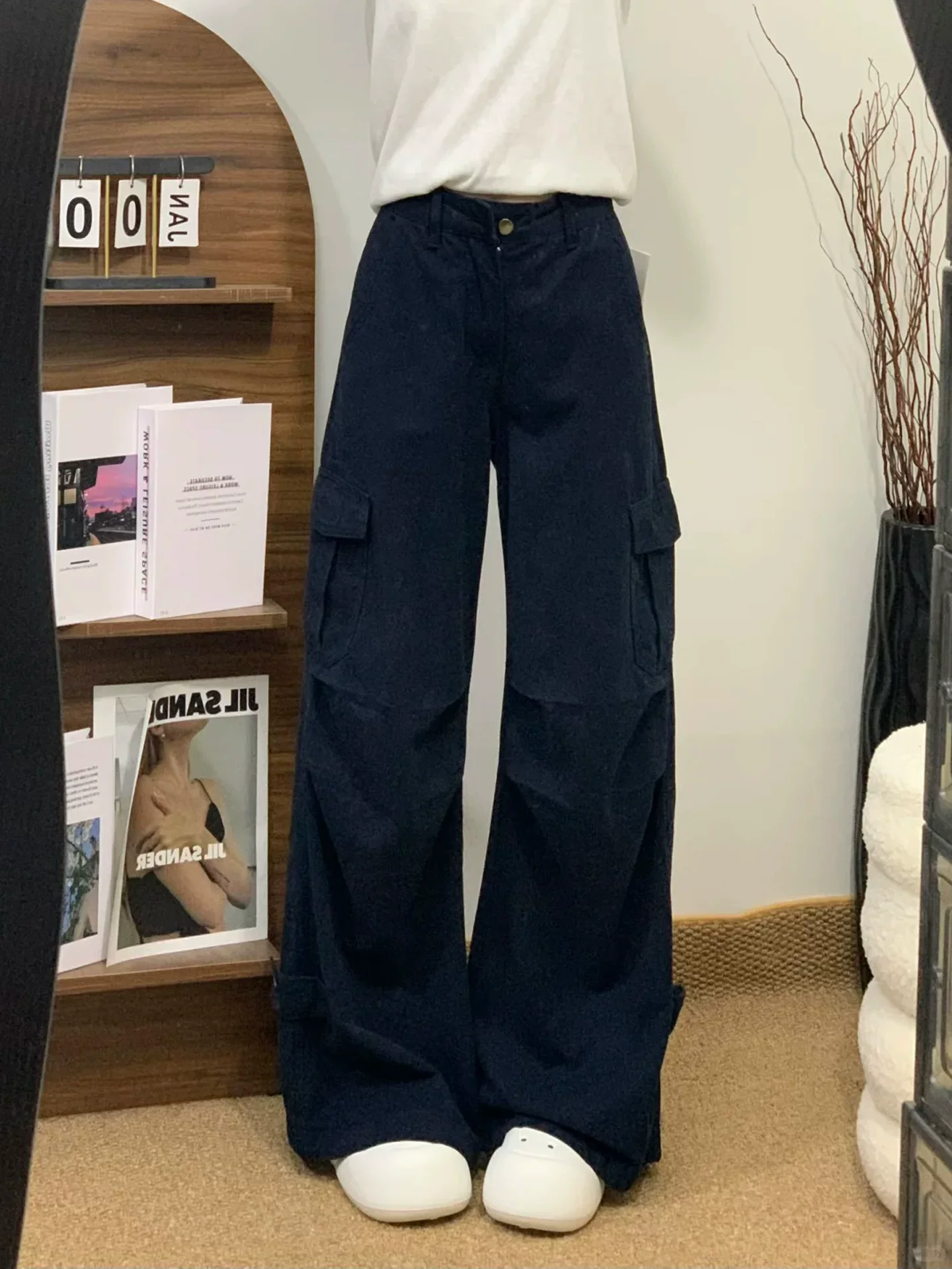 Quần jean kiểu Mỹ cổ điển dành cho nữ, mùa thu đông, cỡ lớn, lưng cao, dáng rộng, thon gọn, dáng quả lê, quần ống rộng