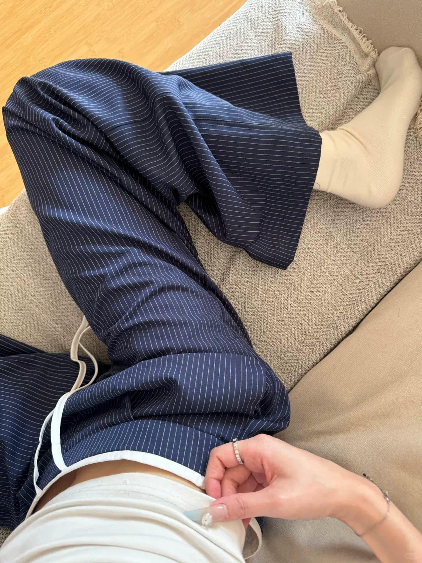 Quần âu phối sọc xanh cho nữ, mùa thu, cỡ lớn, lưng cao, dáng suôn, tôn dáng, dáng quả lê, quần ống rộng