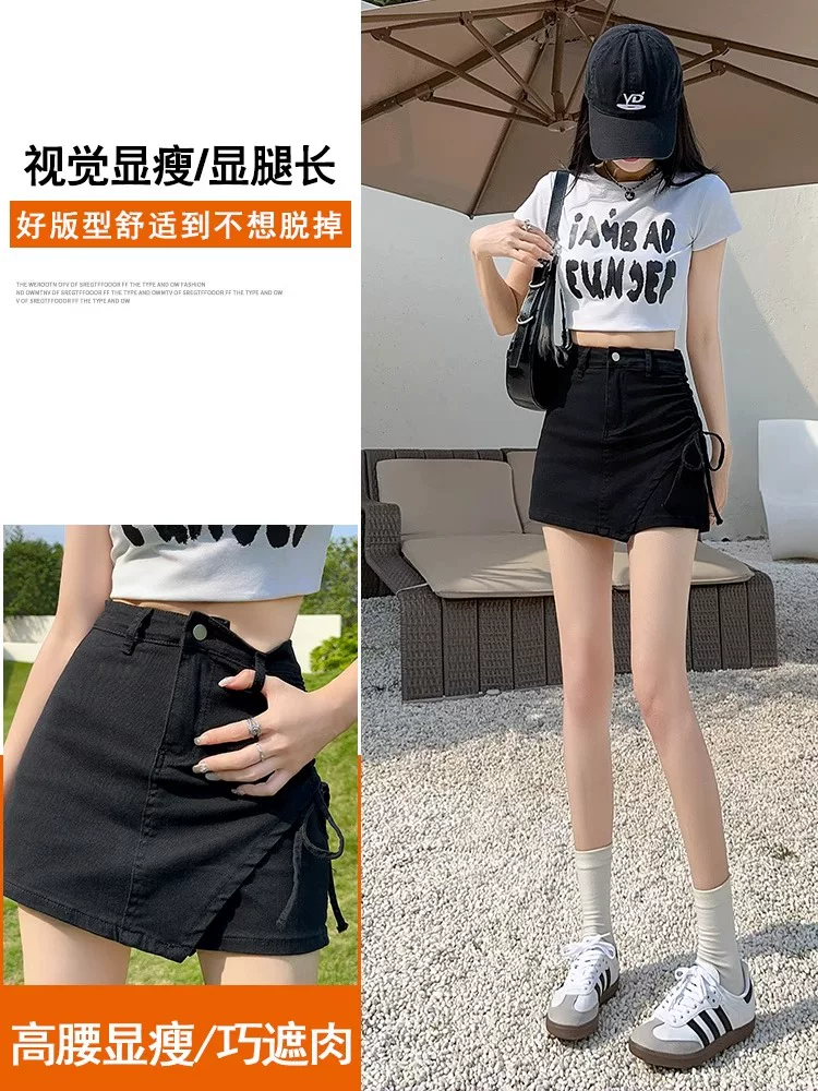 Quần short denim đen dáng quả lê dành cho nữ, size lớn mùa hè, cạp cao, co giãn, che hông, quần short váy chữ A giúp thon gọn.
