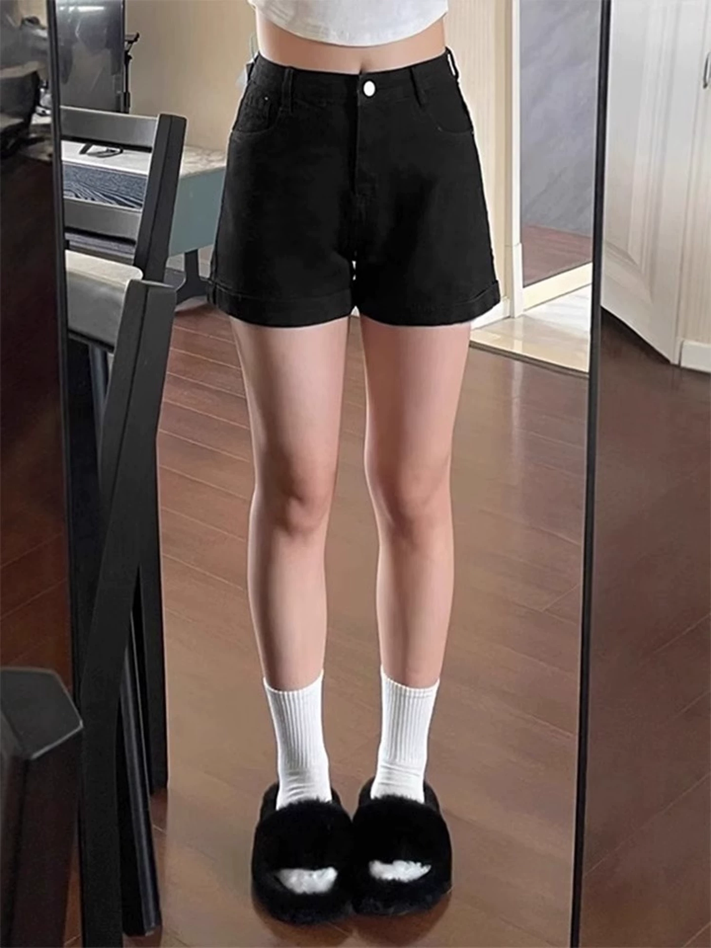 Quần short denim chữ A lưng cao màu đen dành cho nữ, cỡ lớn mùa hè, che bụng, giảm béo, dáng quả lê, quần ống rộng co giãn