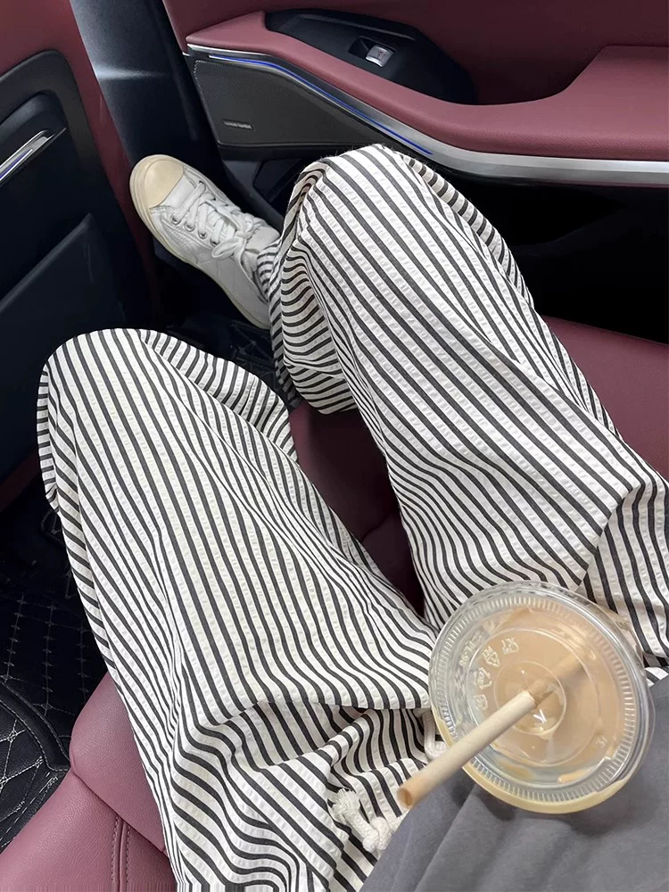 Quần sọc thường ngày dành cho nữ, kiểu dáng mỏng mùa hè, cỡ lớn, phong cách lười biếng, quần đi bộ, lưng cao, dáng rộng, xếp nếp, giảm béo, quần ống rộng.