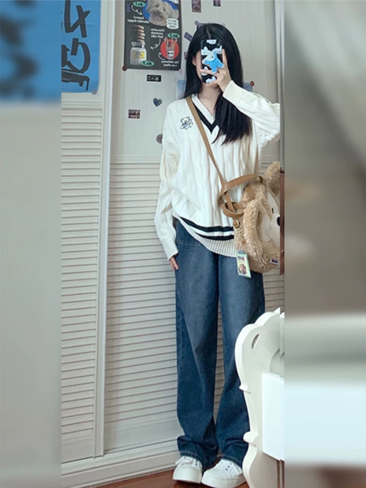 Quần jean ống thẳng dáng quả lê dành cho nữ, mặc đầu thu, cỡ lớn, hơi mũm mĩm, lưng cao, dáng rộng, che bụng, giảm béo, quần ống rộng