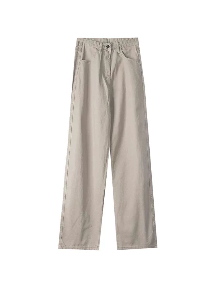 Quần jean kaki ống thẳng cho nữ, phong cách đầu thu, cỡ lớn, lưng cao, che hông, giảm béo, dáng quả lê, quần ống rộng