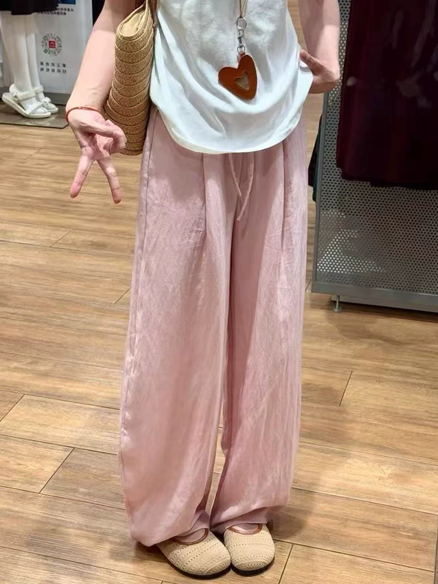 Quần vải lanh màu hồng ống rộng dành cho nữ mùa hè 2025 kiểu dáng mỏng, size lớn, cạp cao, tôn dáng, chất liệu lụa đá mềm mại, dáng rộng