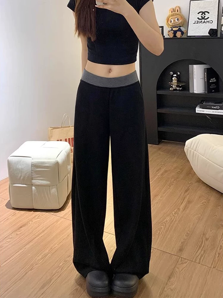 Quần thể thao nữ mùa thu 2024 kiểu mới, size lớn, plus size, cạp cao, dáng rộng, tôn dáng, phối màu, ống rộng