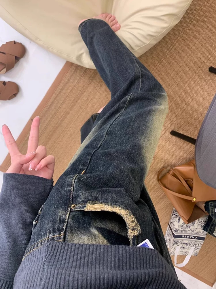 Quần jean ống thẳng kiểu Mỹ cổ điển dành cho nữ, phong cách mùa xuân mới, cỡ lớn, lưng cao, dáng rộng, che hông, giảm béo, quần ống rộng