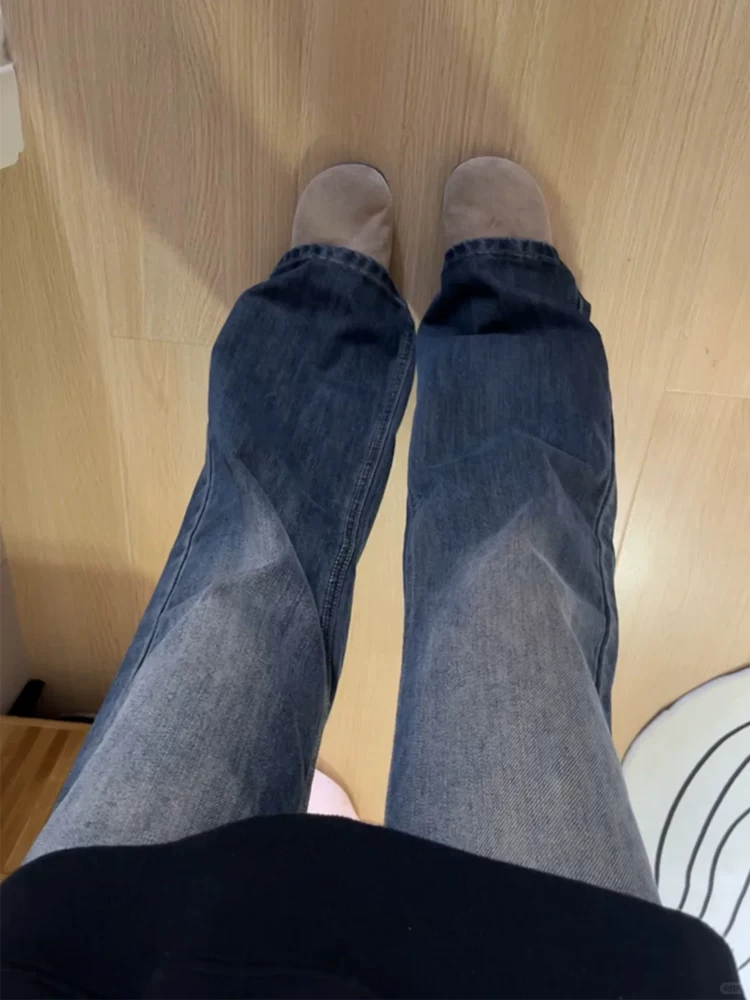 Quần jean ống rộng màu xám xanh dành cho nữ, kiểu dáng mùa thu mới, cỡ lớn, lưng cao, dáng rộng, tôn dáng, quần jean dài chấm đất.