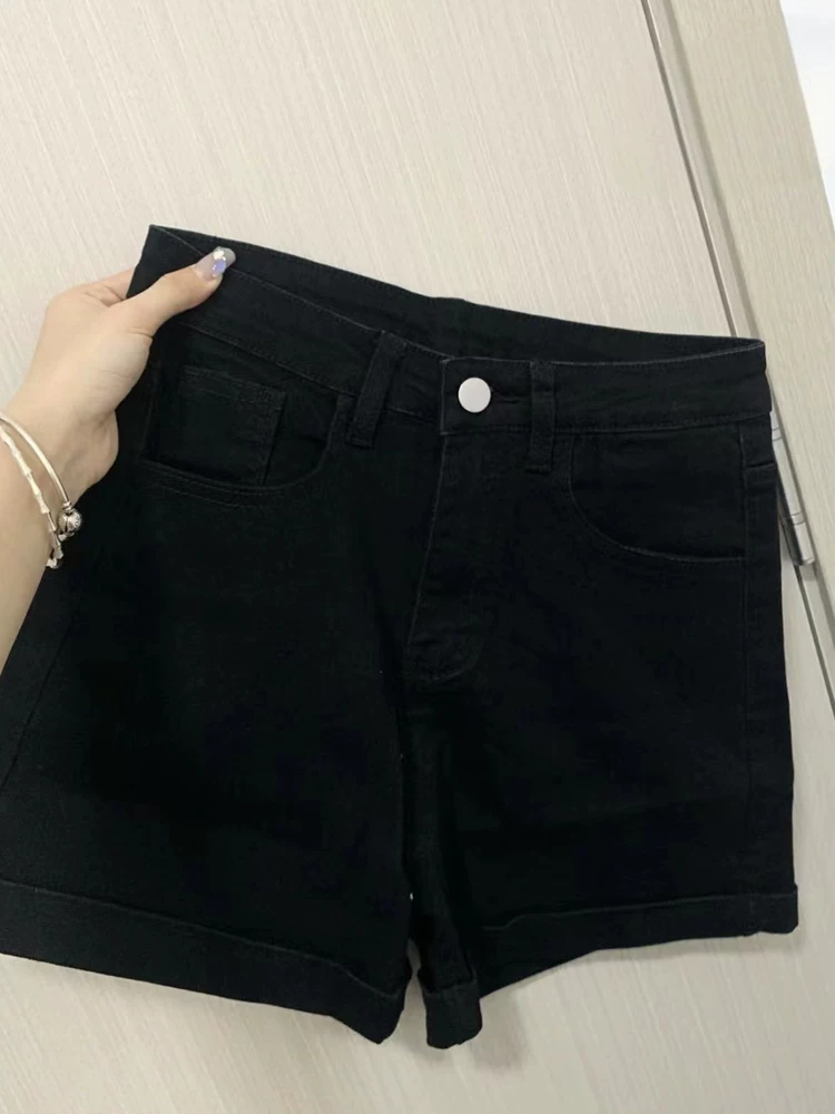 Quần short denim đen dành cho nữ, mùa hè, cỡ lớn, lưng cao, co giãn, che hông, giảm béo, dáng quả lê, dáng chữ A, quần ống rộng