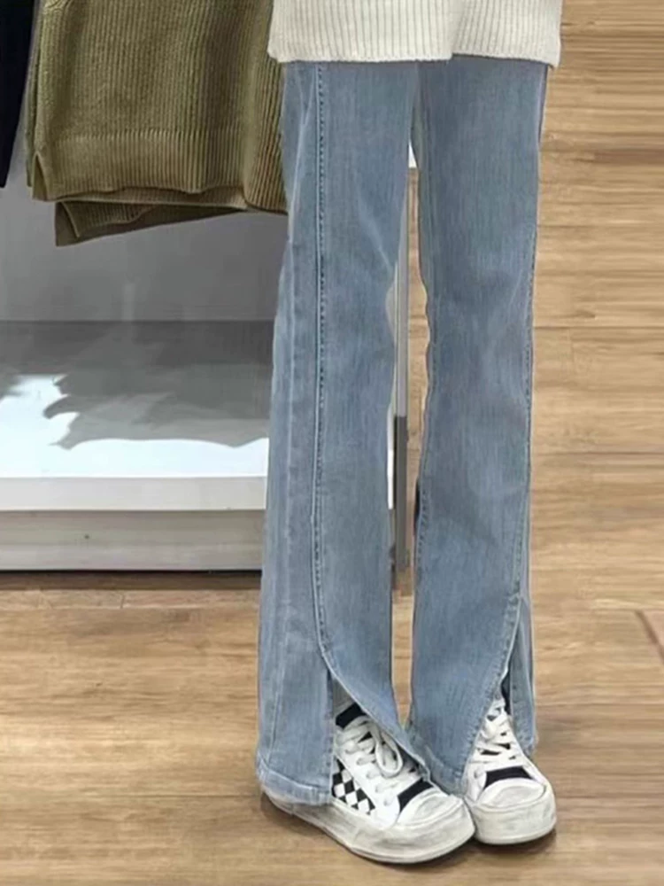 Quần jean dáng thẳng xẻ tà hình quả lê dành cho nữ, quần dài rộng ống rộng cạp cao có lót lông cừu mùa thu đông cỡ lớn dành cho người béo mm