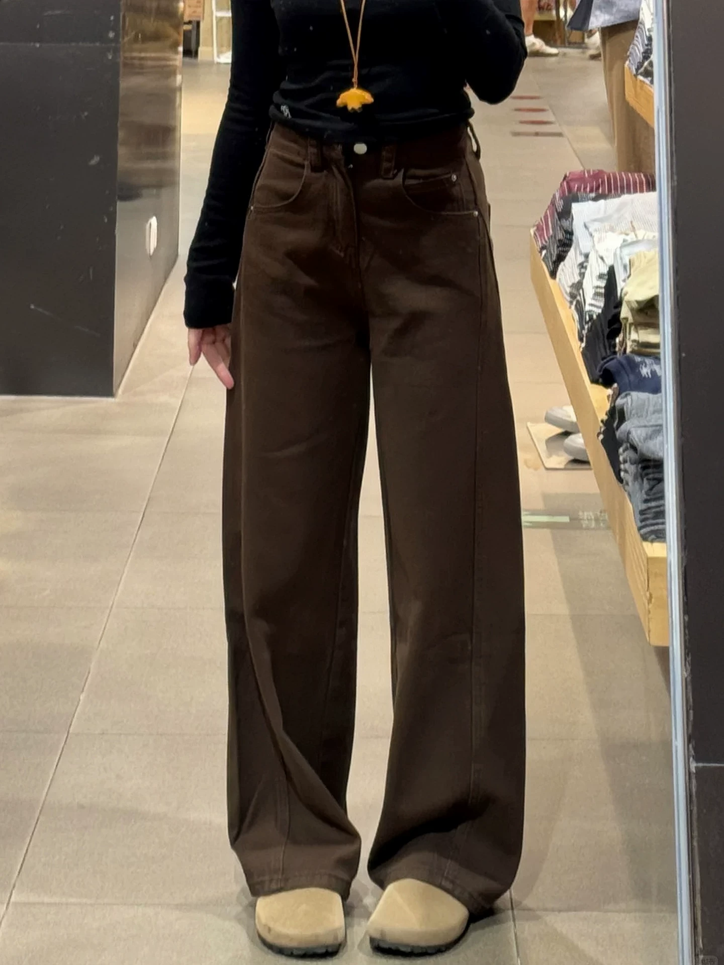 Quần jean ống rộng lót lông màu cà phê Melard dành cho nữ, mùa thu đông, cỡ lớn, lưng cao, dáng rộng, xếp nếp, quần ống thẳng.