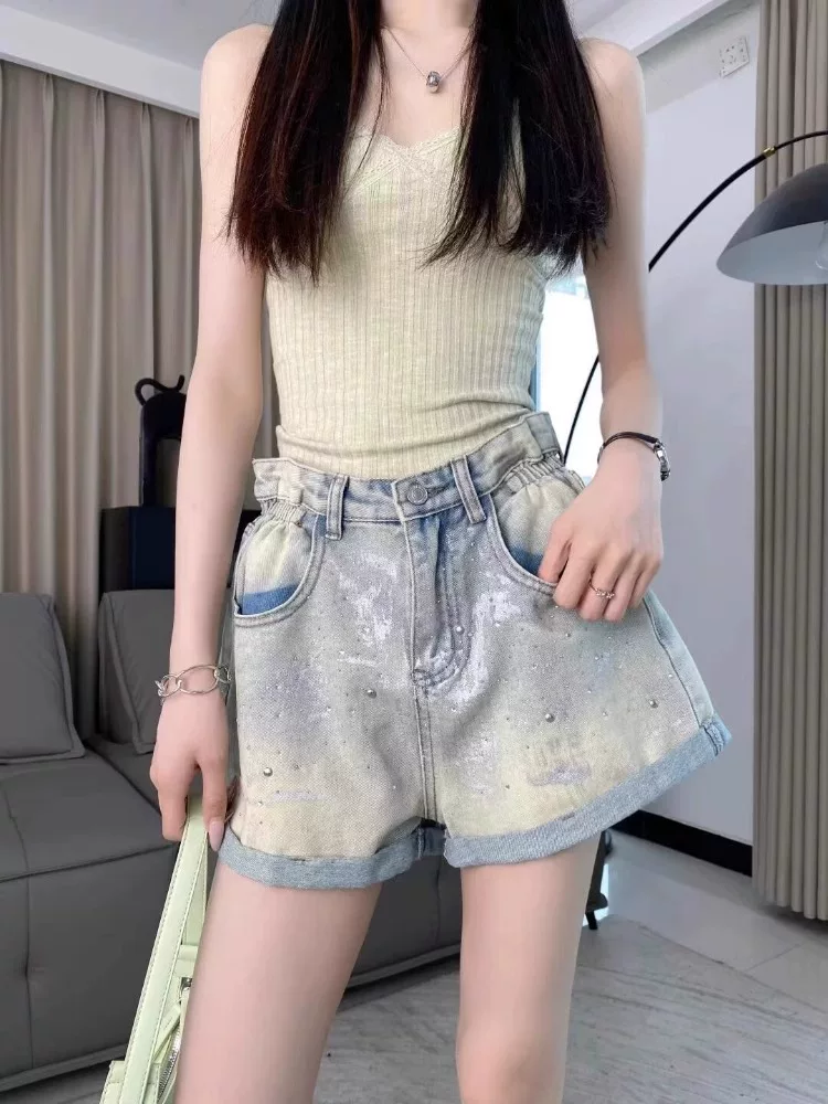 Quần short denim đính đá cho nữ, kiểu dáng mỏng mùa hè, cỡ lớn, lưng cao, che hông, giảm béo, dáng quả lê, quần ống rộng chữ A