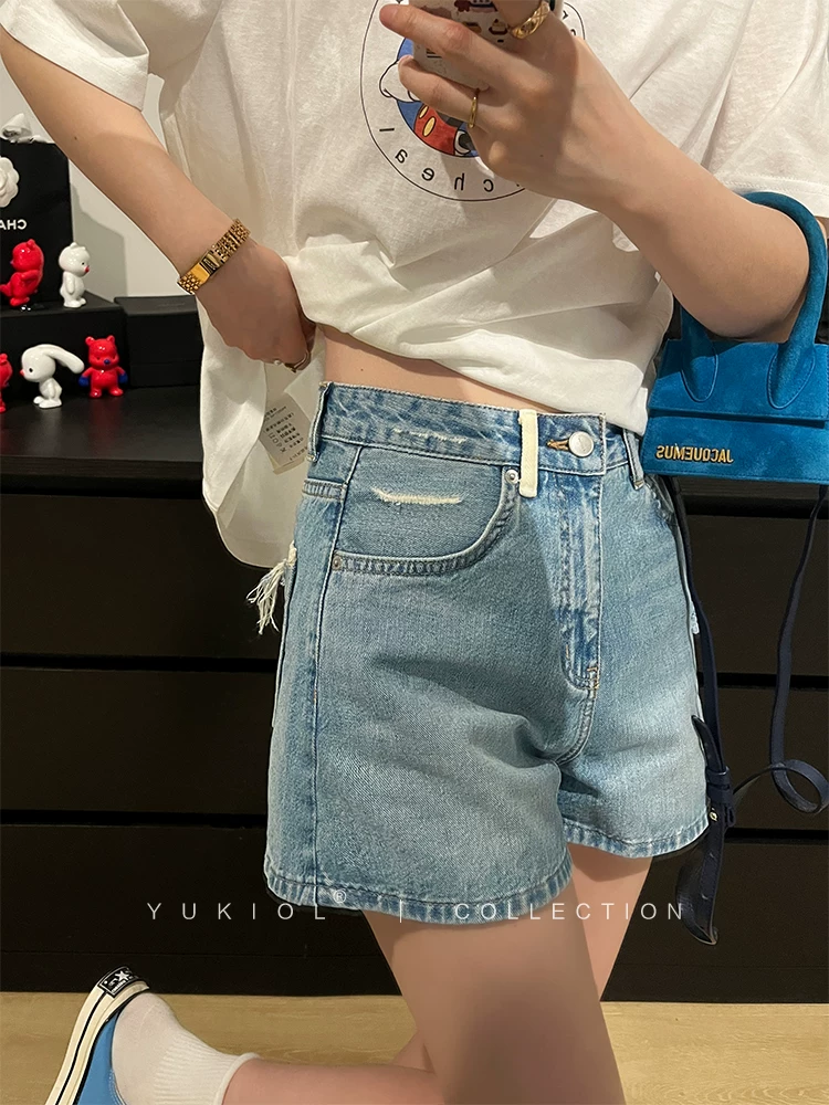 Quần short denim dáng lê dành cho nữ, size lớn mùa hè, chất liệu mỏng, cạp cao, dáng rộng, tôn dáng, quần ống rộng xẻ rách kiểu chữ A
